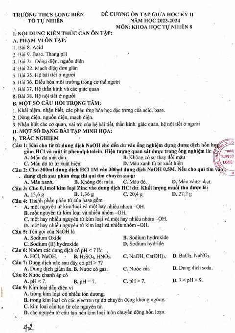 Đề cương ôn tập Giữa kì 2 KHTN 8 năm 2023–2024 trường THCS Long Biên (Hà Nội)